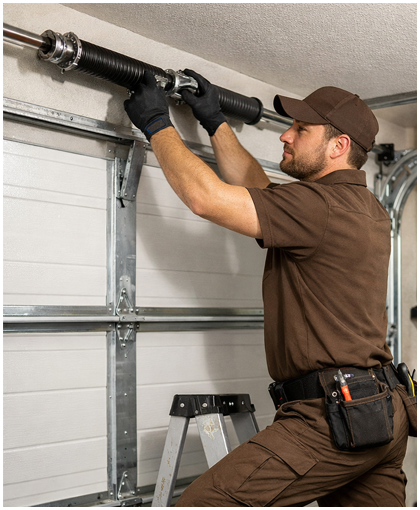 Technician repairing garage door system